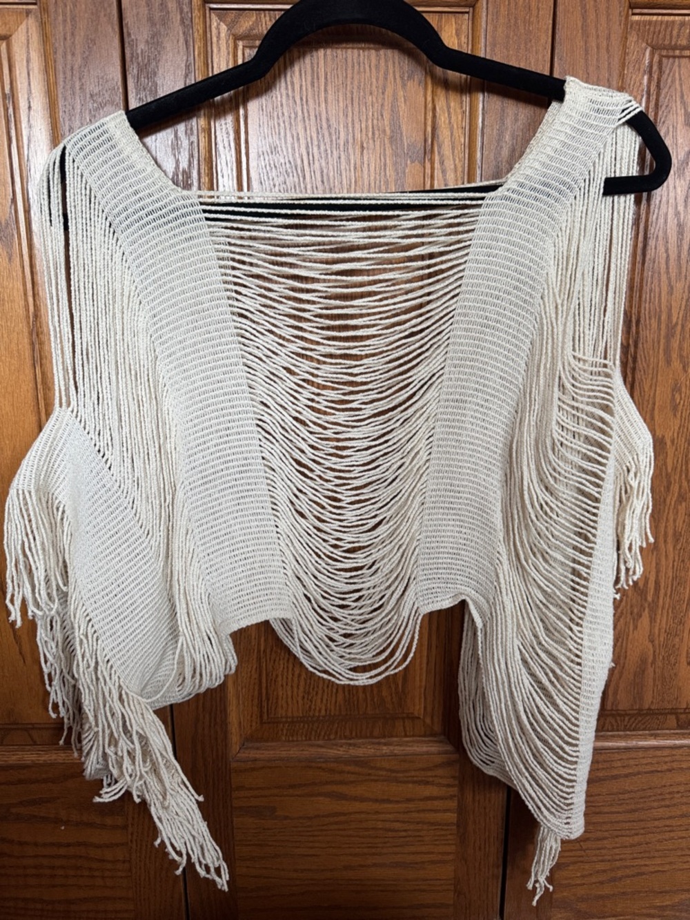 Open Fringe Knit Shrug in Cream